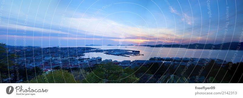 Landscape of the city of Vigo at sunset Environment Water Sky Clouds Sun Sunrise Sunset Sunlight Spring Summer Beautiful weather Tree Coast Bay Ocean Island