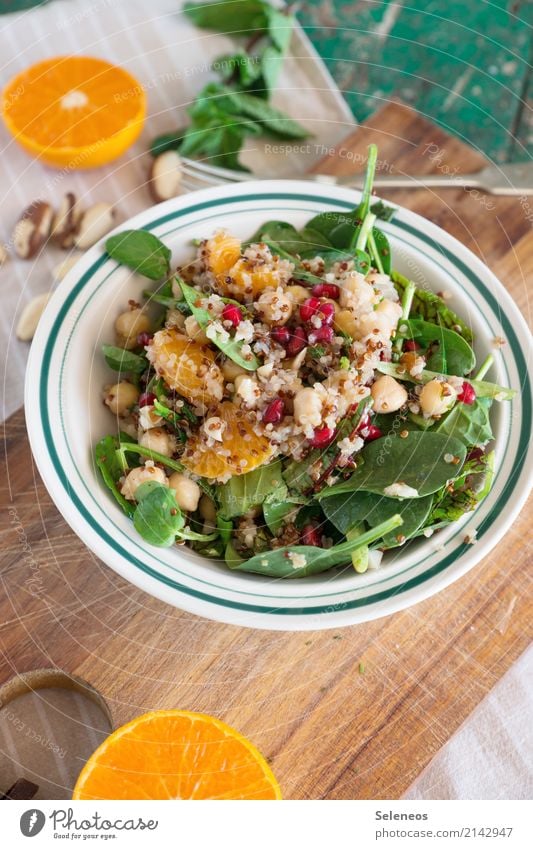 quinoa salad Food Vegetable Lettuce Salad Fruit Orange Chickpeas Spinach leaf Lamb's lettuce Nut Mint Pomegranate Nutrition Eating Organic produce