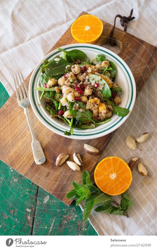 Lunch! Food Vegetable Lettuce Salad Fruit Orange Herbs and spices Mint Mint leaf nuts Lamb's lettuce Spinach Chickpeas Pomegranate Nutrition Organic produce