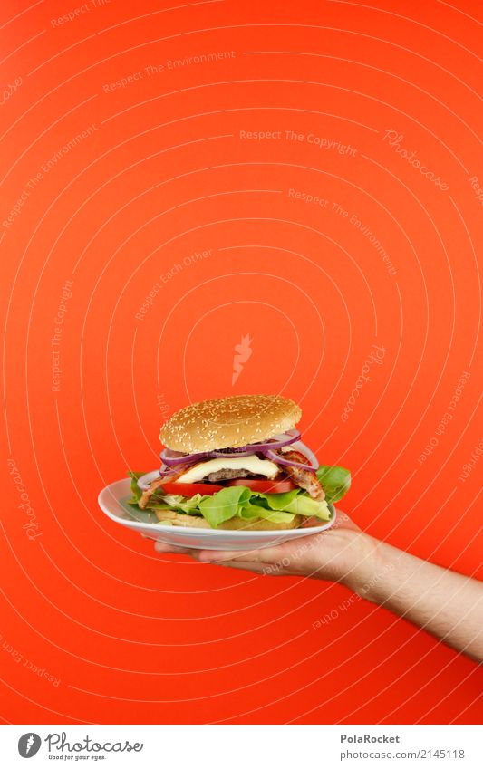 #AS# Burger served Art Work of art Esthetic Hamburger Cheeseburger Fast food Fast food restaurant Delicious Unhealthy Self-made To hold on Red Roll Onion Hand