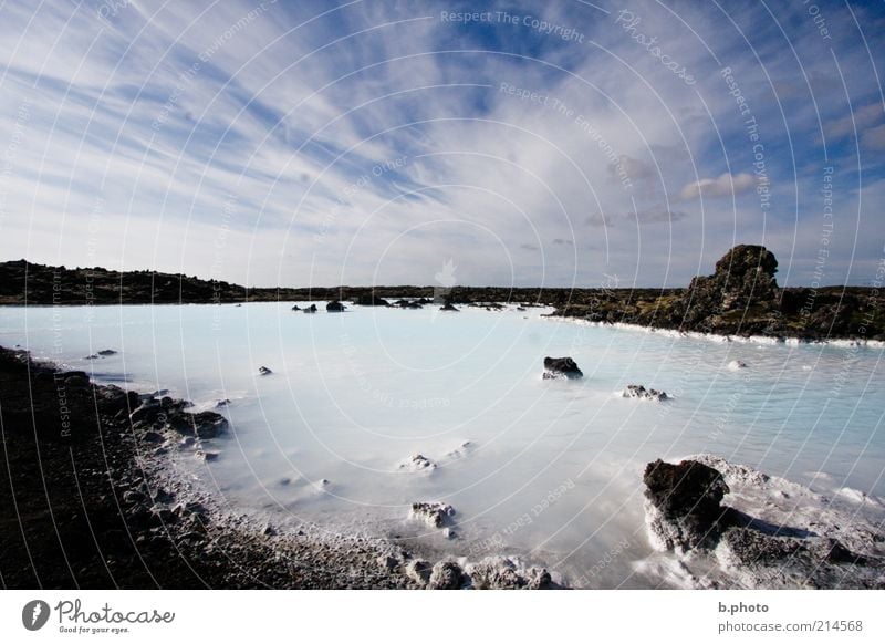 Blue Lagoon Environment Nature Landscape Air Water Sky Clouds Horizon Summer Beautiful weather Rock Coast Lakeside Exotic Fluid Infinity Kitsch Wet Natural