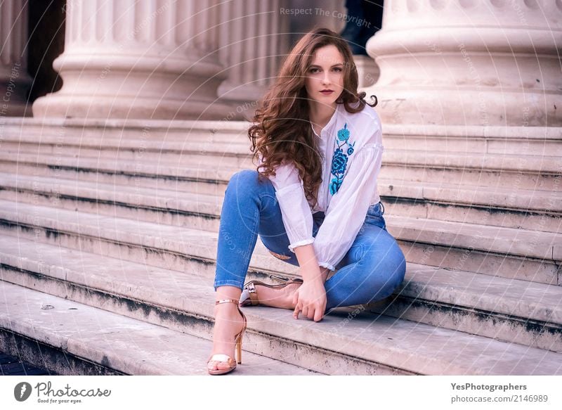 Beautiful caucasian woman sitting on stairs Hair and hairstyles Feminine Woman Adults 1 Human being 18 - 30 years Youth (Young adults) Architecture Stairs