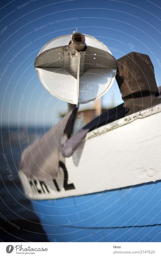 fishing boat Fishery Fishing boat Fisherman Motorboat Authentic Maritime Blue White Stagnating Sky Horizon Ocean Usedom Colour photo Exterior shot