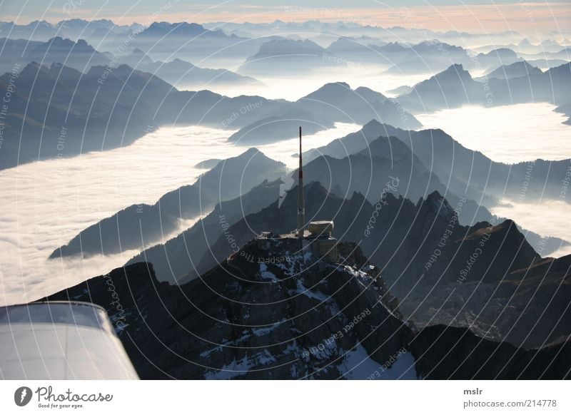 Säntis Backlight Mountain Nature Landscape Weather Fog Alps Peak Esthetic Blue toggenburg Colour photo Exterior shot Deserted Silhouette Back-light Cloud cover