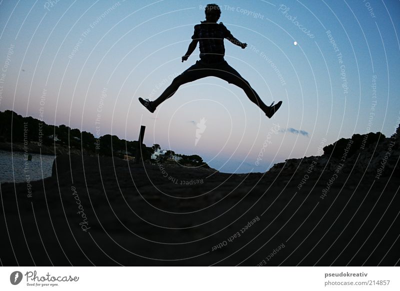 Phil - Jump Joy Tourism Adventure Masculine 1 Human being Landscape Night sky Horizon Moon Full  moon Beautiful weather Coast Bay Dark Infinity Tall Speed