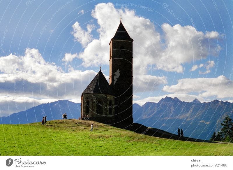 mountain church Clouds Hiking Silhouette Panorama (View) Back-light Mountain Religion and faith Sun Alps Contrast Large