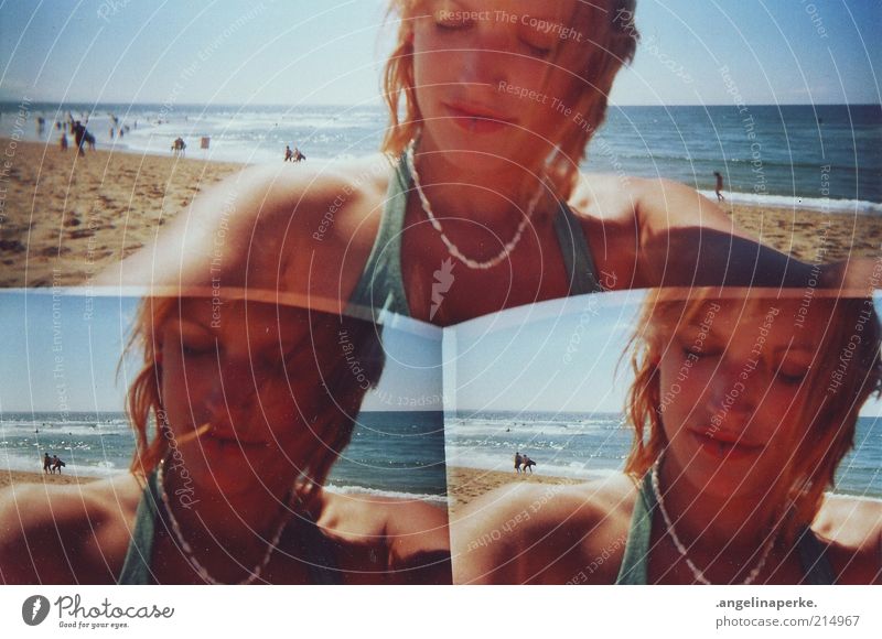 summer salt wind lies in the air 3 lenses camera Summer Beautiful weather Beach Blue sky Sunlight Shadow Sandy beach Atlantic Ocean France Coast Young woman