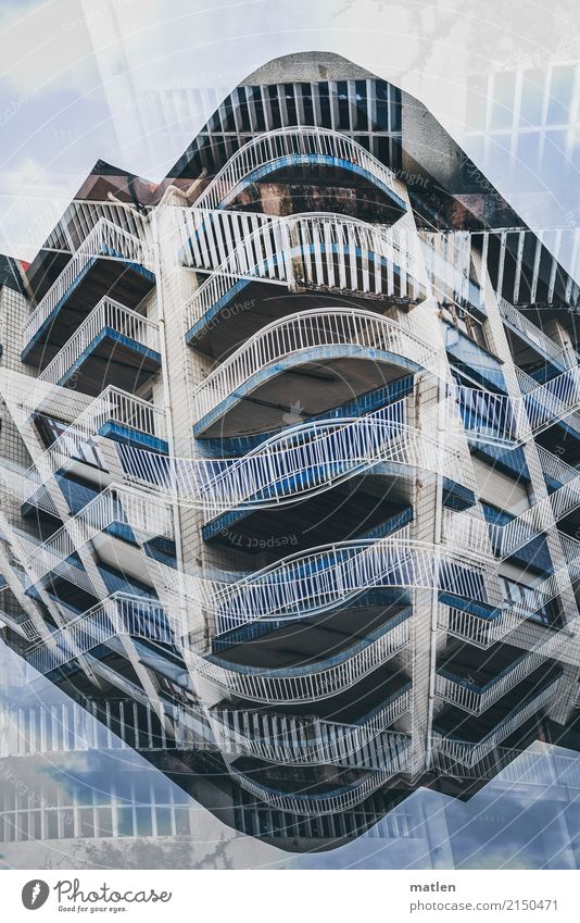 shelves Town Deserted High-rise Wall (barrier) Wall (building) Facade Balcony Blue Gray White Double exposure Colour photo Exterior shot Experimental Abstract