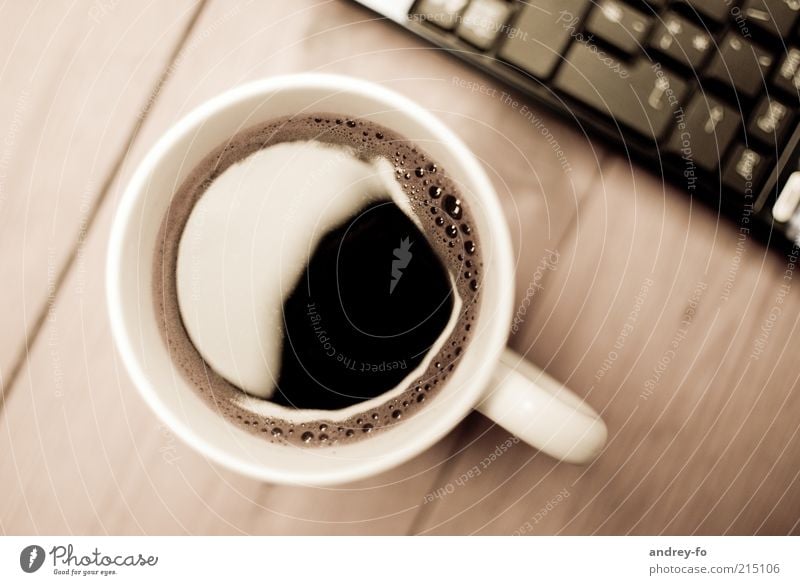 coffee break Cup Wood Glass Break Coffee To have a coffee Coffee break Coffee table Coffee mug Table Wooden table Keyboard Notebook Brown Alert Delicious