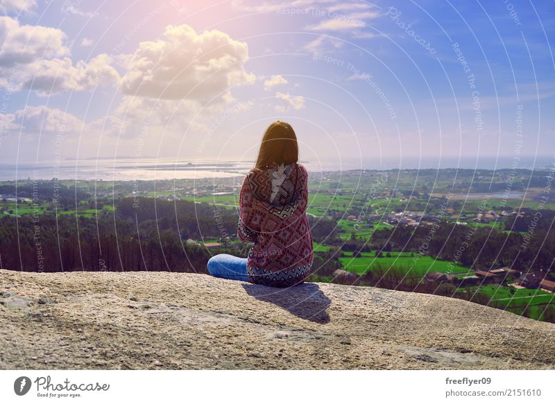 Young woman conteplating the landscape from a rocky mountain in Galicia Vacation & Travel Tourism Trip Adventure Freedom Sightseeing Mountain Hiking Human being