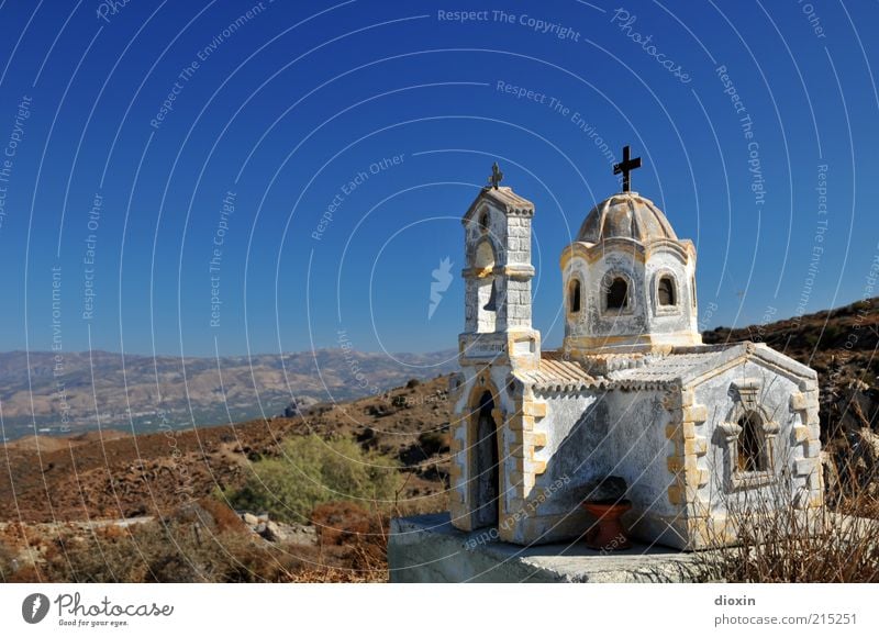 roadchurch Landscape Sky Cloudless sky Weather Beautiful weather macchia Crete Greece Church Stone Crucifix Old Bright Blue Brown White Belief