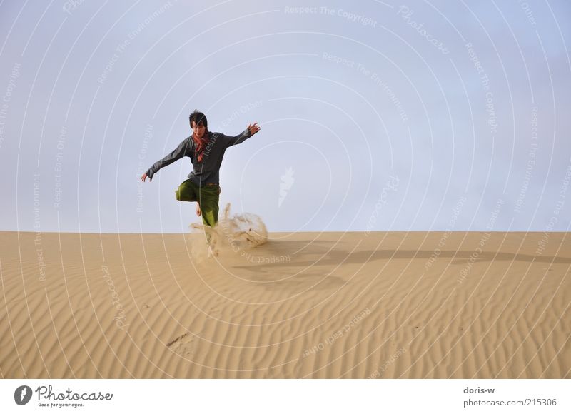 dune jump Joy Vacation & Travel Adventure Far-off places Freedom Summer Beach Young man Youth (Young adults) Life Movement Running Jump Adversity Desert