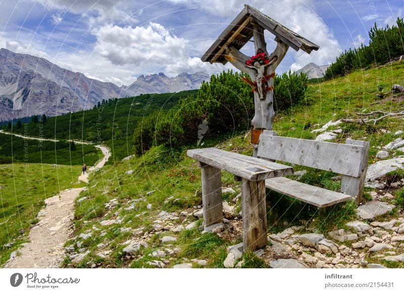 Dolomites - Alta Via 1 Vacation & Travel Far-off places Freedom Mountain Hiking Landscape Meadow Hill Rock Alps Bench Crucifix Blue Gray Green Contentment