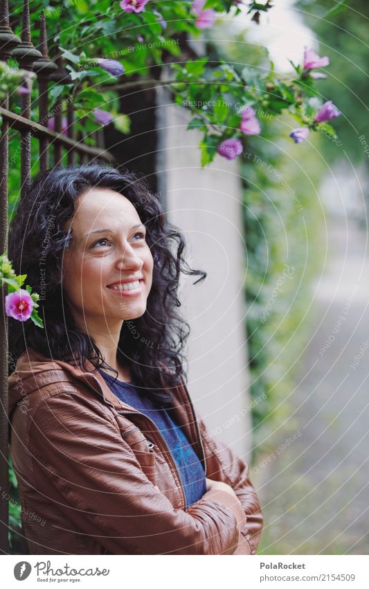 #A# relaxed Art Work of art Esthetic Woman Portrait photograph Smiling Laughter Friendliness Fence Colour photo Multicoloured Exterior shot Experimental