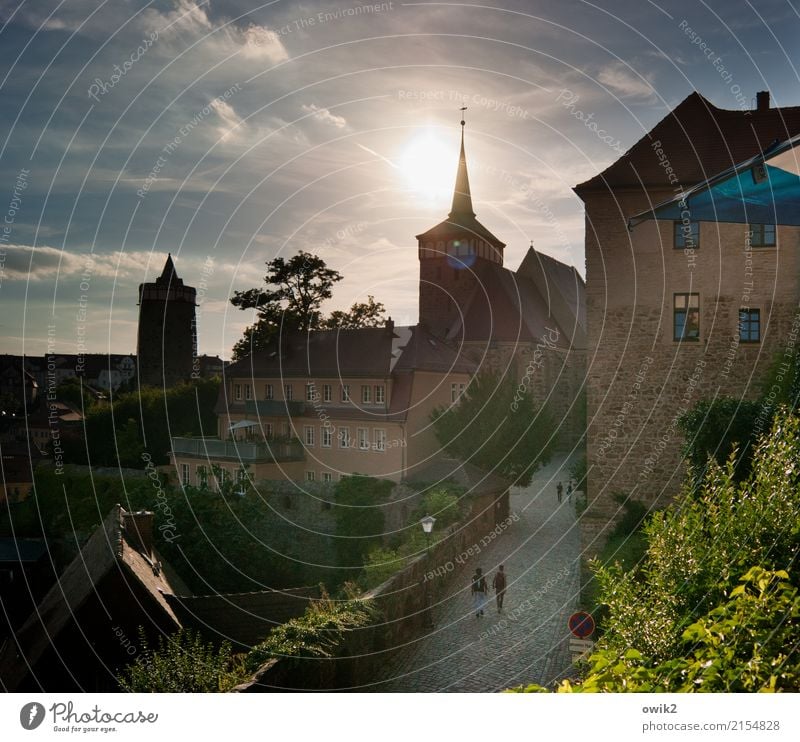 postcard view Child 4 Human being Sky Clouds Horizon Climate Beautiful weather Tree Bushes Bautzen Lausitz forest Germany Small Town Downtown Old town Church