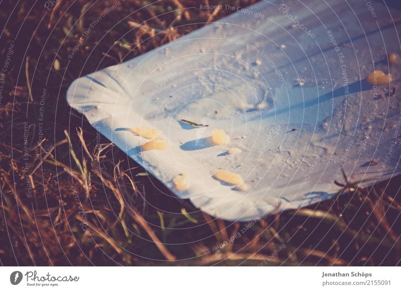 I ate it - great! Food Nutrition Eating Plate To enjoy Transience Fast food Cardboard Throw away Recycling Eaten French fries Potatoes Meadow Grass Park Trash