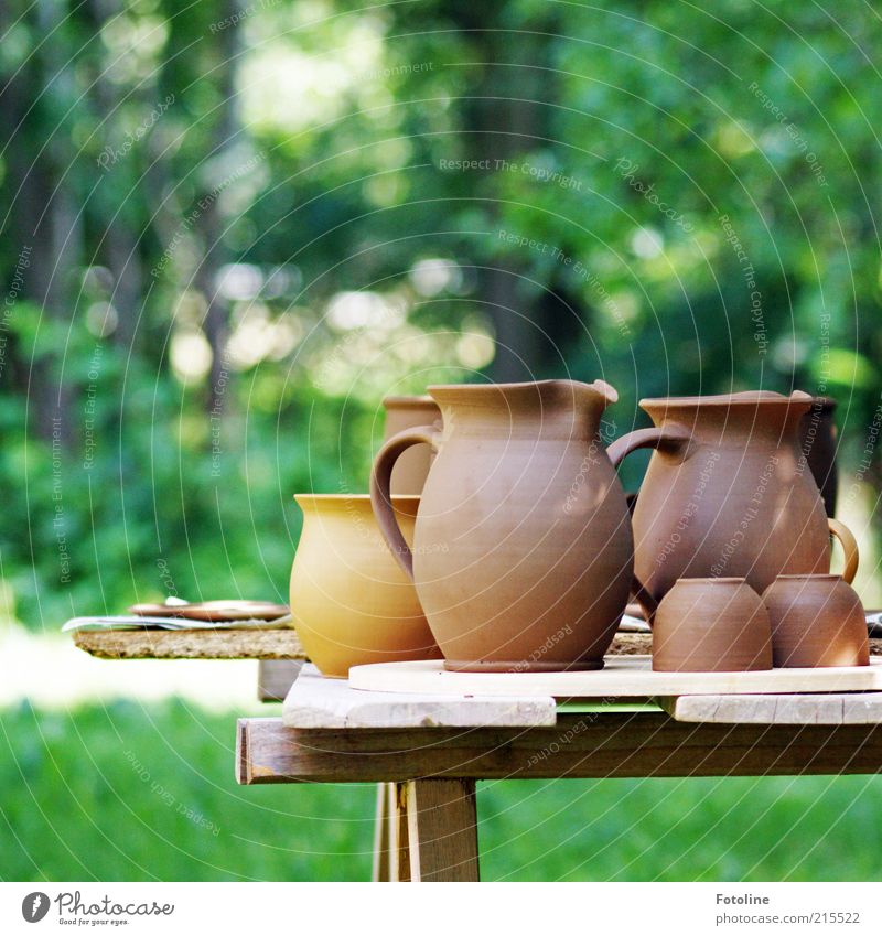 pottery Environment Nature Summer Grass Garden Meadow Bright New Brown Green Clay Pottery Water jug Cup Colour photo Multicoloured Close-up Deserted Day