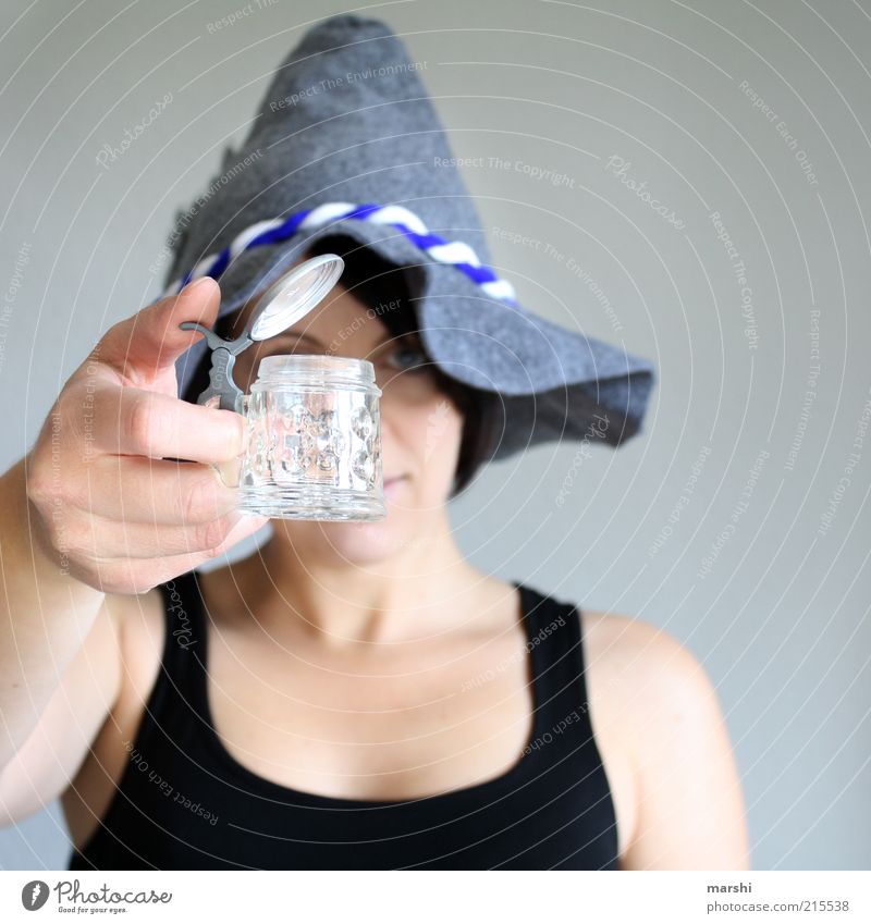 Wiesn end Beverage Drinking Beer Joy Human being Feminine Woman Adults 1 Accessory Hat Blue Gray Beer mug Small Empty Oktoberfest Bavaria Glass