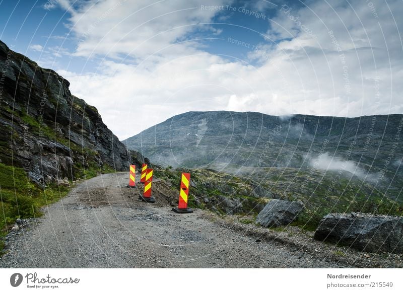 road damages Lifestyle Vacation & Travel Trip Far-off places Freedom Mountain Construction site Nature Landscape Clouds Climate Rock Canyon Transport