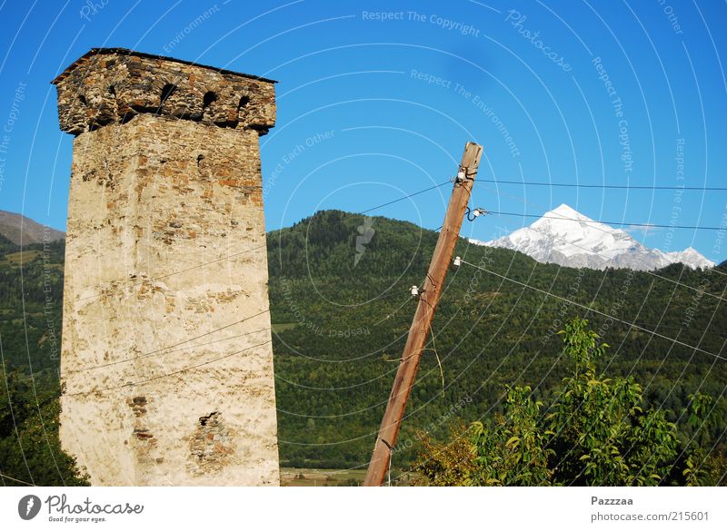 mountain stream Vacation & Travel Tourism Far-off places Mountain Cable Electricity pylon Landscape Beautiful weather Forest Hill Rock Alps Peak Snowcapped peak