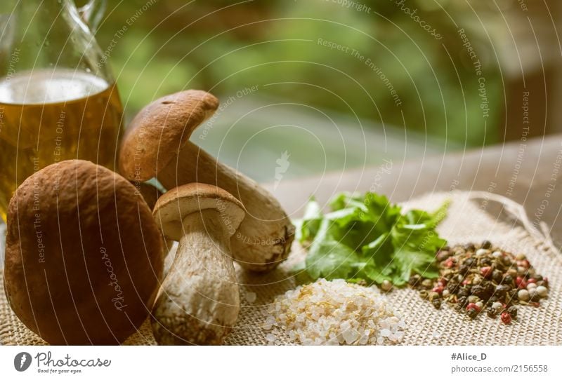 Fresh porcini mushrooms and spices in window light on sackcloth Lifestyle Style Healthy Eating Cooking Nature Autumn Wild plant Natural Brown Green To enjoy