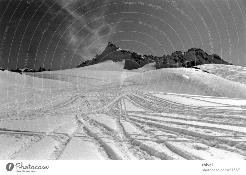 silvretta Back-light Cirrus Mountain Snow Tracks Black & white photo