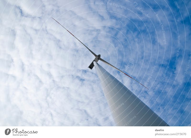 windmill Wind energy plant Blue Sky Sky blue Clouds Clouds in the sky Generator Rotor Energy industry Colour photo Worm's-eye view Deserted Exterior shot Tall