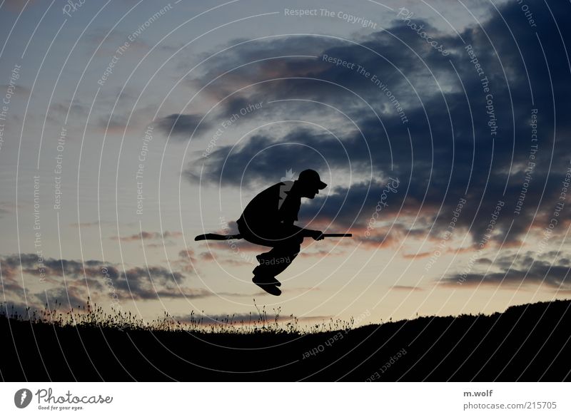 broom rider Joy Playing Broom Masculine 1 Human being Night sky Sunrise Sunset Passenger traffic Aircraft Movement Flying Dark Uniqueness Rebellious Trashy Blue