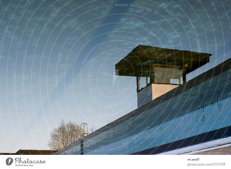 swimming operation Summer Swimming pool Pool attendant Water Sky Deserted Fresh Blue Moody Calm Leisure and hobbies Tile Pool border Tower Colour photo