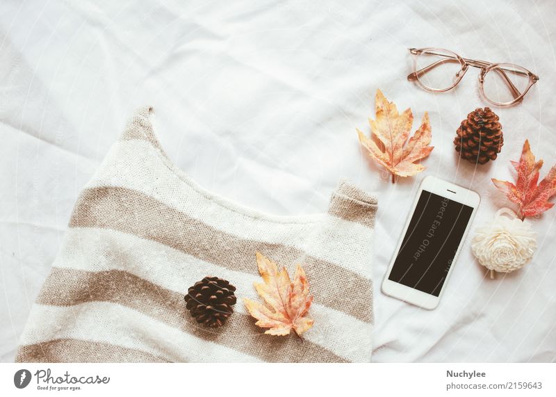 Autumn fashion style concept Coffee Lifestyle Style Design Decoration Thanksgiving Craft (trade) Cellphone PDA Technology Art Warmth Leaf Fashion Sweater