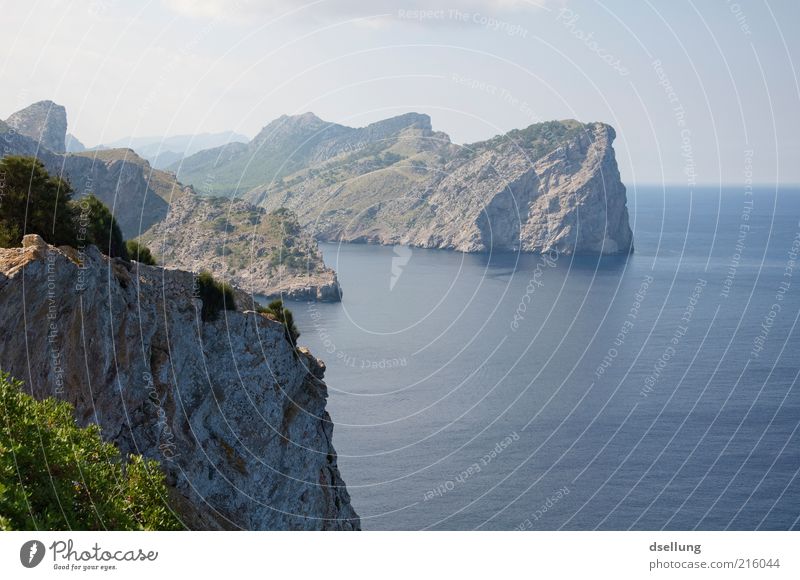 Mallorca VII Environment Nature Landscape Plant Elements Earth Water Sky Clouds Beautiful weather Bushes Rock Coast Ocean Mediterranean sea Island Majorca