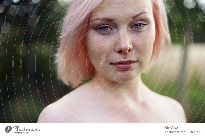 Portrait of a young woman with freckles and pink blond hair Lifestyle Style already Well-being Summer vacation Young woman Youth (Young adults) Face Shoulder