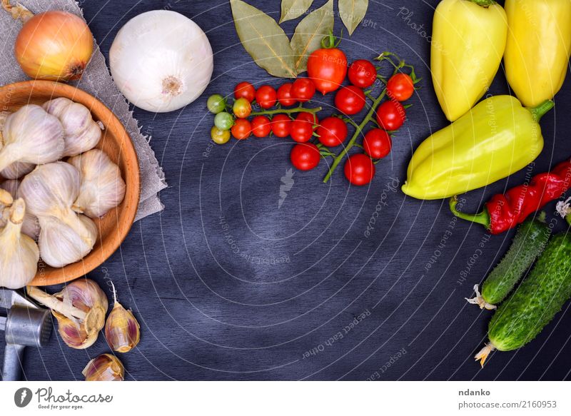 Fresh vegetables Food Vegetable Bowl Kitchen Wood Green Red Black Tomato Cherry pepper vintage background Ingredients Harvest ripe Salad Onion Garlic Parsley