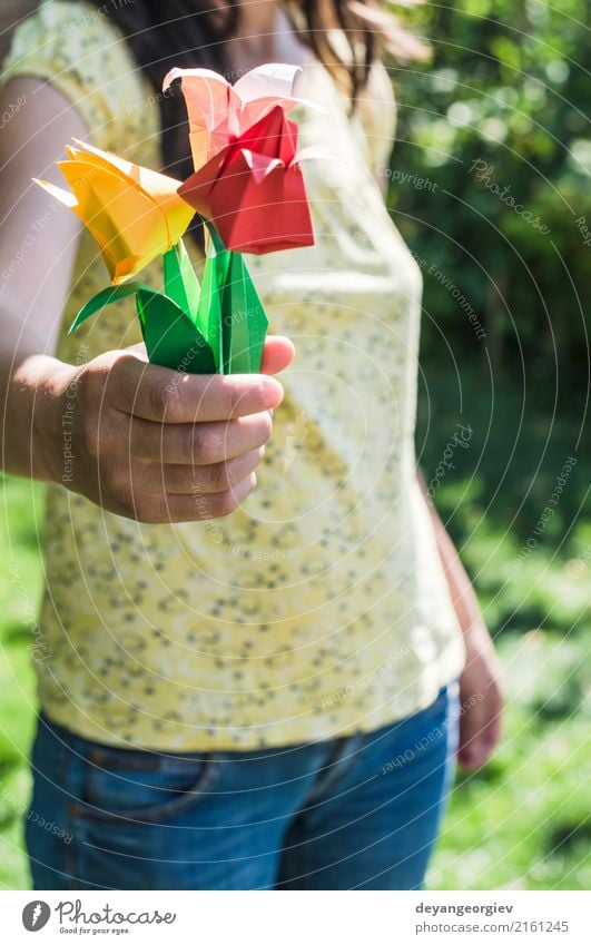 Woman hold bouquet of origami flowers Design Decoration Craft (trade) Hand Art Nature Flower Tulip Paper Bouquet Yellow Pink Red White Colour Origami