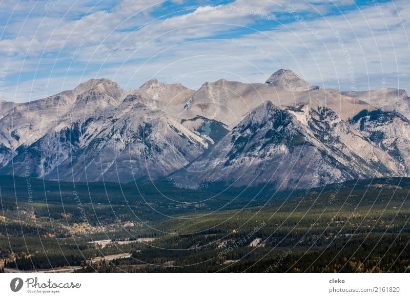 Banff National Park Nature Landscape Air Sky Clouds Summer Beautiful weather Forest Mountain Rocky Mountains Peak Blue Gray Green Adventure Uniqueness