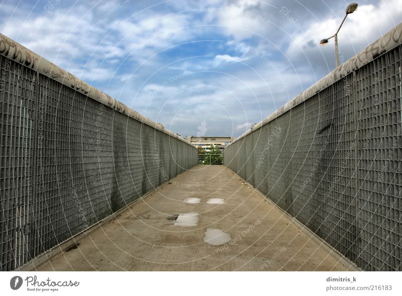 pedestrian overpass Industry Sky Bridge Building Architecture Pedestrian Lanes & trails Metal Steel Graffiti Line Dirty Modern Perspective footbridge walkway