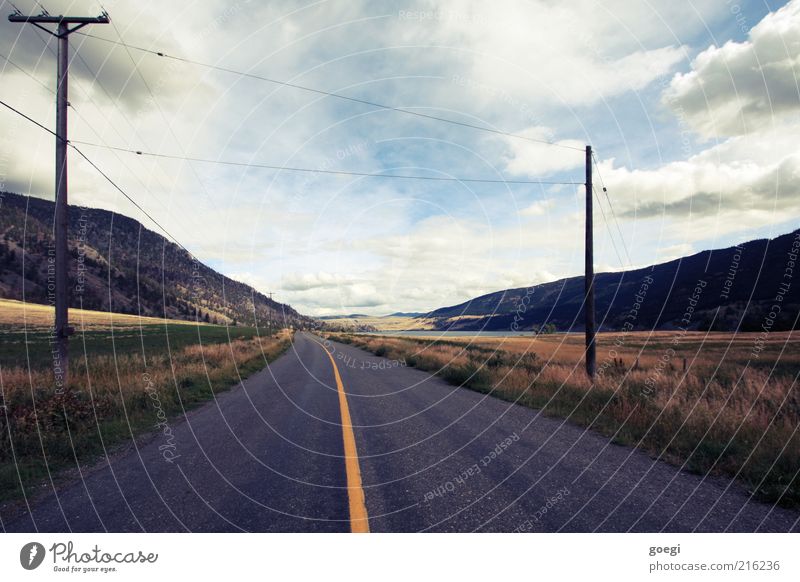 from somewhere to nowhere Water Sky Clouds Summer Autumn Grass Hill Lake Canada Americas Traffic infrastructure Road traffic Street Lane markings Center line