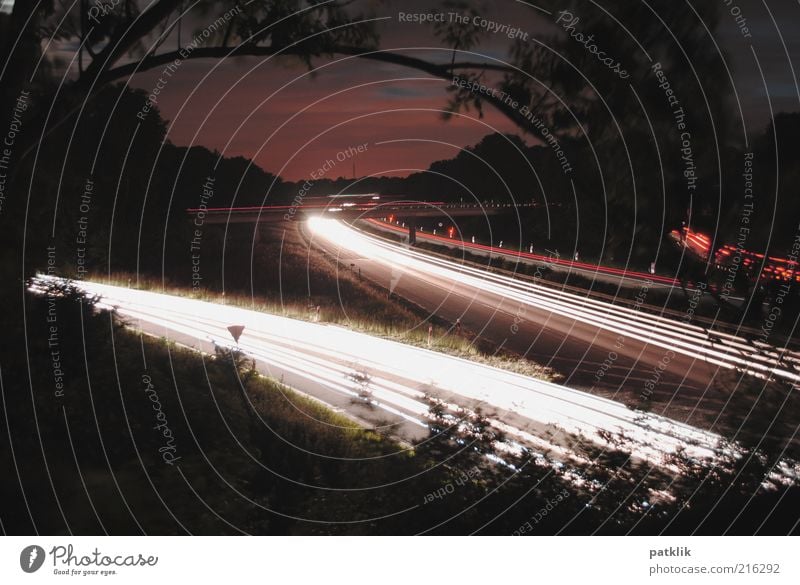 Romantic Motorway Transport Highway Speed Branch Signs and labeling Expressway exit Clouds Car Tracks Dusk Colour photo Exterior shot Twilight Long exposure