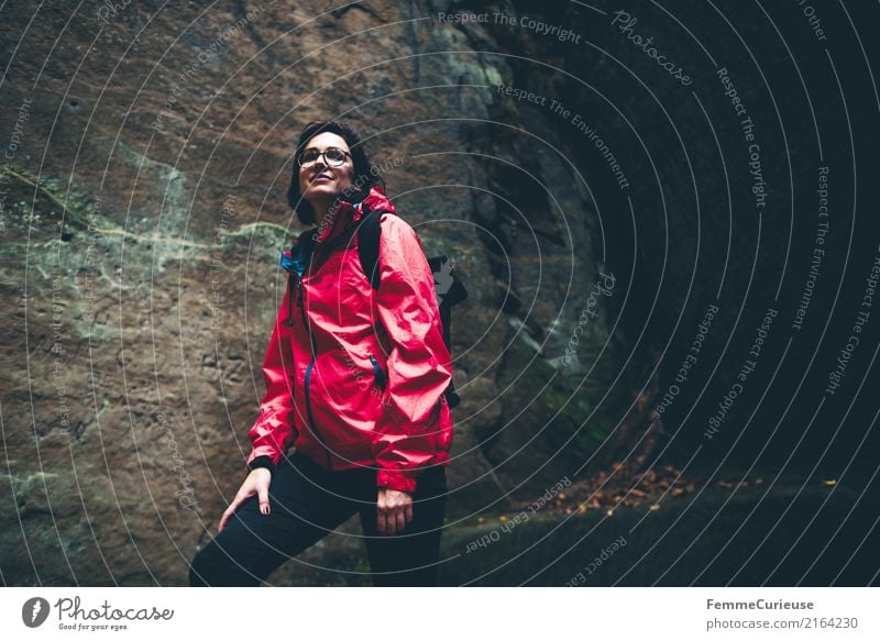 Hiking (04) Feminine Young woman Youth (Young adults) Woman Adults 1 Human being 18 - 30 years 30 - 45 years Adventure Saxon Switzerland Rain jacket Red