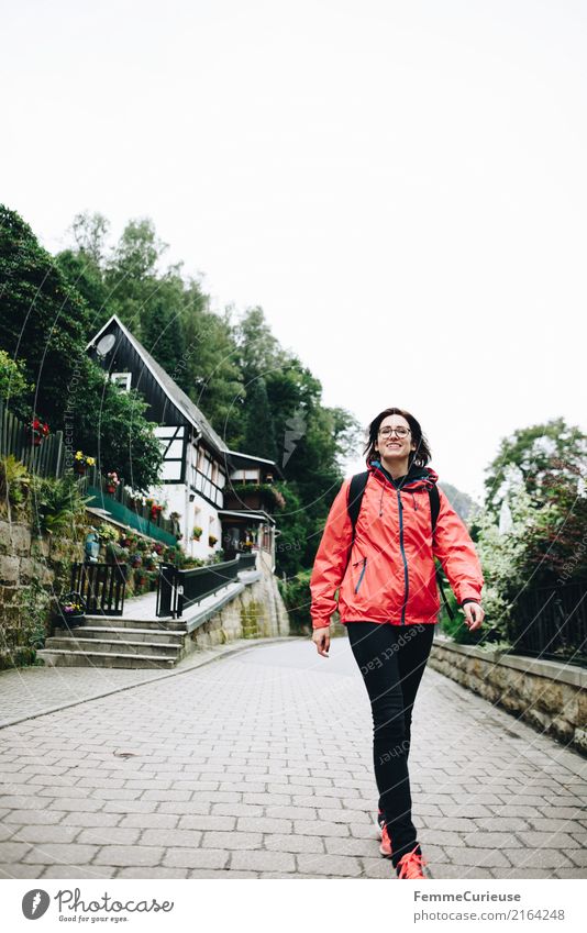 Hiking (11) Feminine Young woman Youth (Young adults) Woman Adults Human being 18 - 30 years 30 - 45 years Nature Rain jacket Backpack Saxon Switzerland Idyll