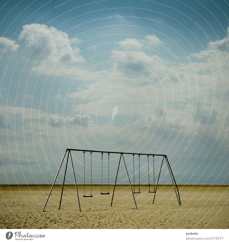 crybaby swing Environment Nature Sand Sky Clouds Summer Beautiful weather North Sea Old Swing Playground Deserted Beach Infancy Colour photo Exterior shot