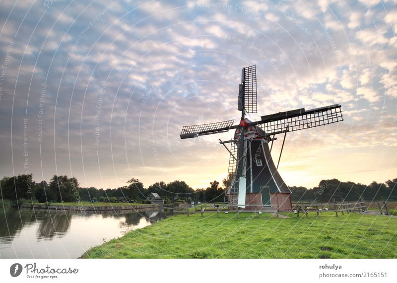 beautiful sunrise and Dutch windmill by lake Vacation & Travel Culture Nature Landscape Sun Sunrise Sunset Summer Beautiful weather Fog Meadow Pond Lake River