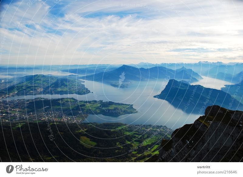 Lake Lucerne Environment Nature Landscape Water Sky Clouds Beautiful weather Hill Alps Mountain Peak Snowcapped peak Exceptional Blue Green Colour photo