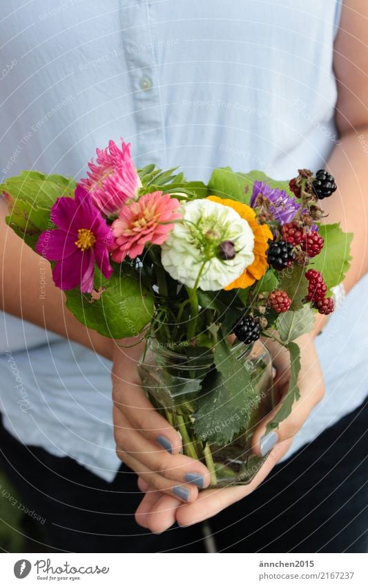 summer flowers Bouquet Glass Flower Multicoloured Summer Spring Gift To hold on Vase Fingers Hand Portrait format Exterior shot Woman Fingernail Nail polish