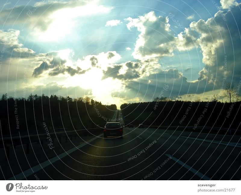 sunset road Highway Speed In transit Dark Clouds Sunset Light Far-off places Long Deep Mystic Forest Black Line Stripe Transport Car Street Lanes & trails