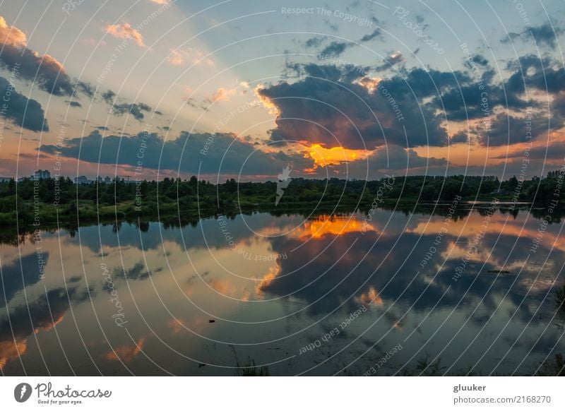 dramatic sunset reflects in the water Beautiful Relaxation Summer Mirror Nature Landscape Sky Clouds Coast Lake River Wet Natural Perspective Vantage point