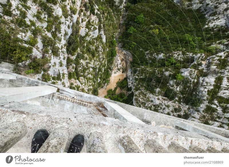 gorge, bridge Vacation & Travel Adventure Summer Mountain Hiking Climbing Mountaineering Human being Feet Landscape Beautiful weather Bushes Wild plant Rock