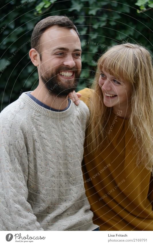 laughing couple in love Joy Happy Beautiful Young woman Youth (Young adults) Young man Adults Life 2 Human being 18 - 30 years Dress Sweater Brunette Blonde