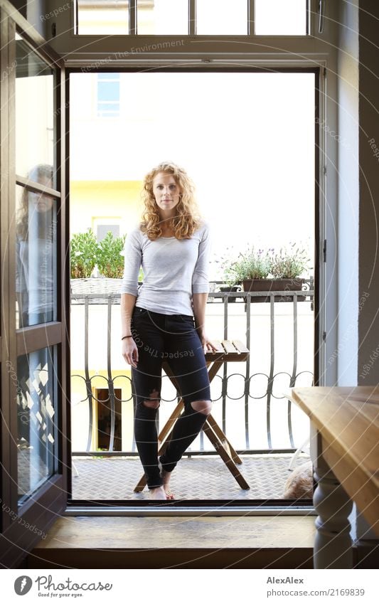 young redhead woman with curls on her balcony Style pretty Contentment Flat (apartment) Balcony Balcony plant Young woman Youth (Young adults) 18 - 30 years