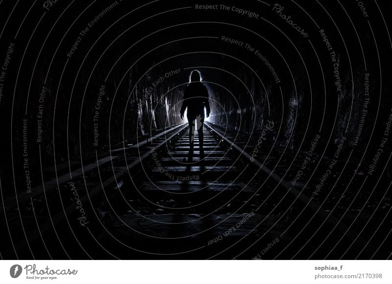 underground Human being 1 Tunnel Rail transport Railroad tracks Stand Sadness Threat Dark Black Hope Death Longing Wanderlust Loneliness Fear Fear of death